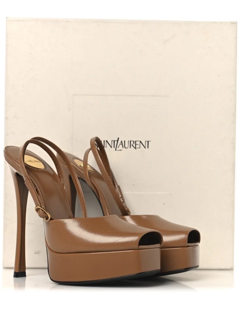 SAINT LAURENT 
La Scandale Leather Platform Sandals - Macadamia